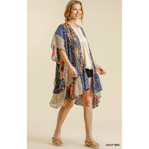 Umgee Other - Umgee Plus Size Leopard Floral Print Ruffle Hem Short Sleeve Kimono Wrap